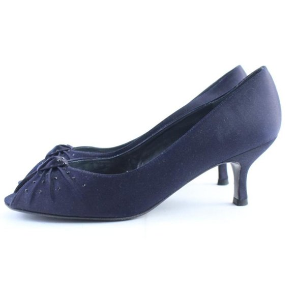 Stuart Weitzman Navy Satin Knot Twist Kitten Open
